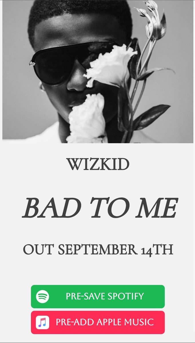 No wizkid fc should've less than a thousand of followers, reply this tweet with "New Wizkid" , "BAD TO ME" , "MORE LOVE LESS EGO" and follow everyone that like retweet and comment. Pre save 
forms.sonymusicfans.com/campaign/wizki…