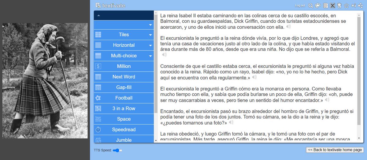 textivate's tweet photo. 👑 That story about the late Queen walking in the hills near Balmoral when she bumped into 2 American tourists...

🇪🇸 Spanish text rebuild activities +
🇬🇧 Parallel English text for reference / translation

🔗https://t.co/1ahgFL56XD

#Textivate #mfltwitterati #langchat #mflchat https://t.co/h7QArDH7Xb