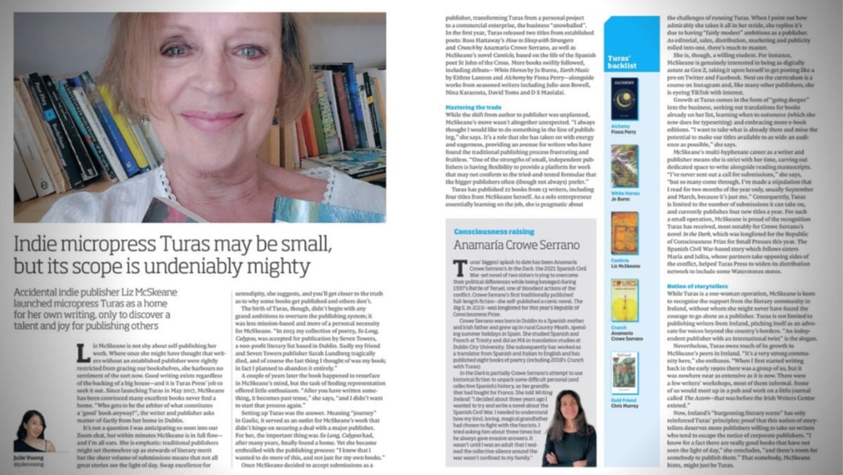 TurasPress's tweet photo. Huge thanks to @thebookseller &amp; @JulesVuong  for this generous profile of #TurasPress in today's Ireland issue! Such a boon for a small,independent press to get this coverage.Lots of other great Irish work profiled today, too @tomtivnan @RTEArena  @DubrayBooks @Hodges_Figgis https://t.co/LXXTa11SnR