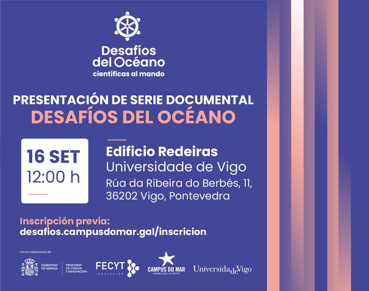 campusdomar's tweet photo. 🤩 Estamos de estrena! O venres 16 ás 12h. CET presentamos a mini-serie documental "#DesafíosdelOcéano: científicas al mando". 

Desfrútaa con nós de xeito presencial ou virtual. Toda a info 👇

📲 Inscribete xa!
👉https://t.co/vrnHGH5EnC

@FECYT_Ciencia  #cambioglobal #retos https://t.co/BP1oaqMLxo