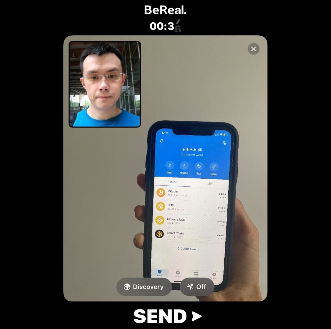 TrustWallet's tweet photo. yo @cz_binance did u mean to send me this #BeReal? https://t.co/Y5q42PbWNz