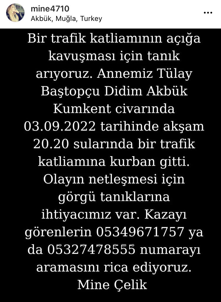 Trafik kazasında hayatını yitiren ailesinin adalet görgü tanığı arayışı devam ediyor. Destekleriniz çok değerli. @radyotrafiktr <a href="/radyotrafik35/">Radyo Trafik İzmir 102.5</a> @DidimBelediye <a href="/didimhaber/">DİDİMHABER</a> <a href="/HaberturkTV/">Habertürk TV</a> <a href="/EbruBaki/">Ebru Baki</a> @FOXhaber <a href="/herkesicinCHP/">CHP 🇹🇷</a>