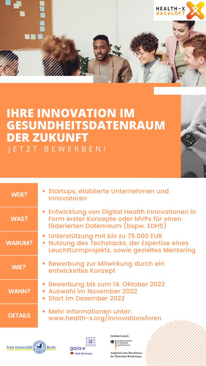 dmac (@mv_dmac) on Twitter photo Du hast eine brillante Idee für die #digitaleTransformation der #Gesundheitsversorgung und möchtest mit Deiner #DigitalHealthInnovation den europäischen Gesundheitsdatenraum der Zukunft mitgestalten? 🚀🚀
Dann bewirb Dich jetzt bis zum 14.10.2022: health-x.org/innovationsfor… Du hast eine brillante Idee für die #digitaleTransformation der #Gesundheitsversorgung und möchtest mit Deiner #DigitalHealthInnovation den europäischen Gesundheitsdatenraum der Zukunft mitgestalten? 🚀🚀
Dann bewirb Dich jetzt bis zum 14.10.2022: health-x.org/innovationsfor…