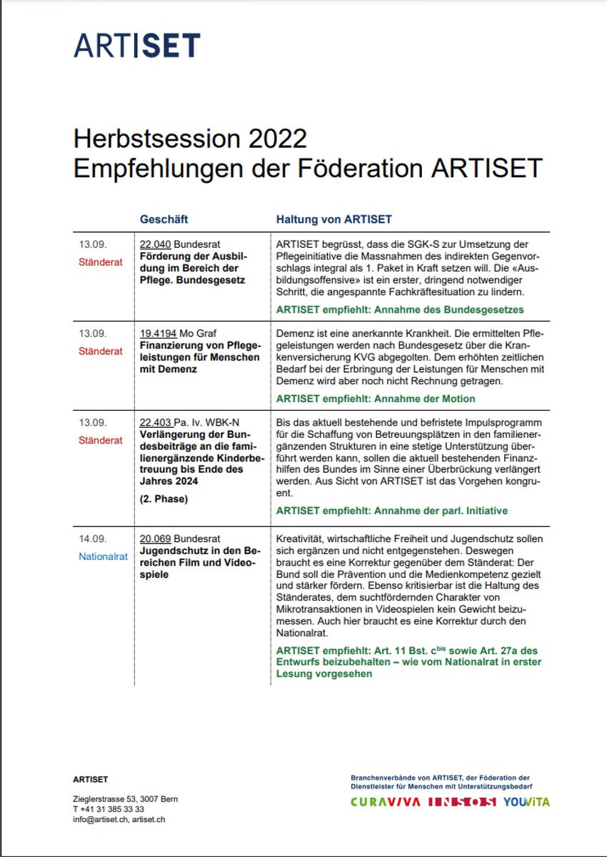 Die Föderation ARTISET  empfiehlt den Mitgliedern des Parlaments verschiedene Geschäfte der kommenden Session anzunehmen bzw. abzulehnen. 👉🏽Überblick bit.ly/3BpoUSG