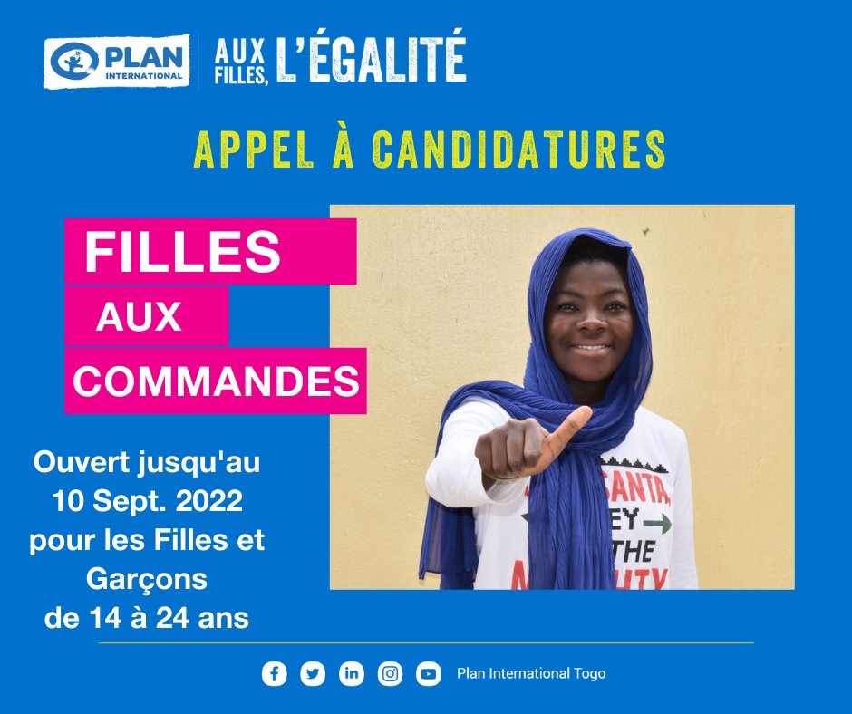 Demain se clôturent les candidatures pour l'initiative Filles Aux Commandes 2022. Si tu es agé.e de 14 à 24 ans, postule via ce lien : forms.office.com/Pages/Response…

#GirlsTakeOver #FillesAuxCommandes #ChampionnesdelEgalite #HeForShe #TogoLeadsEquality #PlanInternationalTogo #TgTwittos