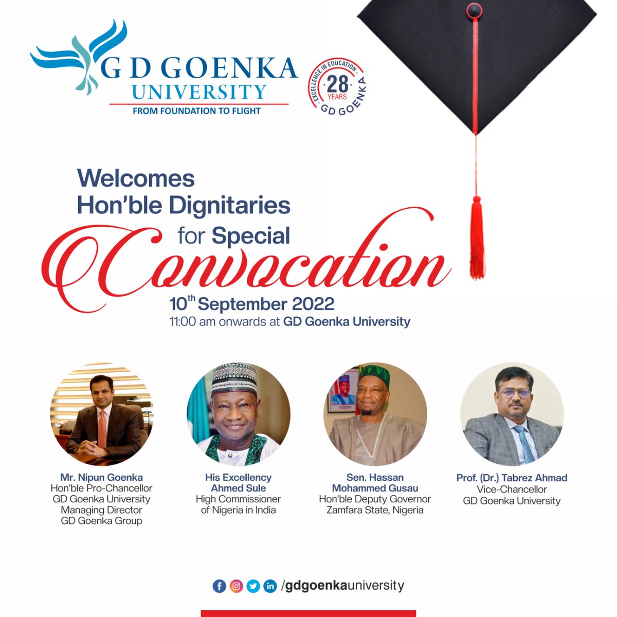 goenka_univer's tweet photo. GD Goenka University welcomes Hon'ble dignitaries to a Special Convocation honoring the Deputy Governor, Zamfara State Nigeria, the Hon'ble Senator Hassan Mohammed Gusau, with an honorary doctorate.
#SpecialConvocation #HassanMohammedGusau #AhmedSule #GDGoenkaUniversity #GDGU https://t.co/VY5bJobsaZ