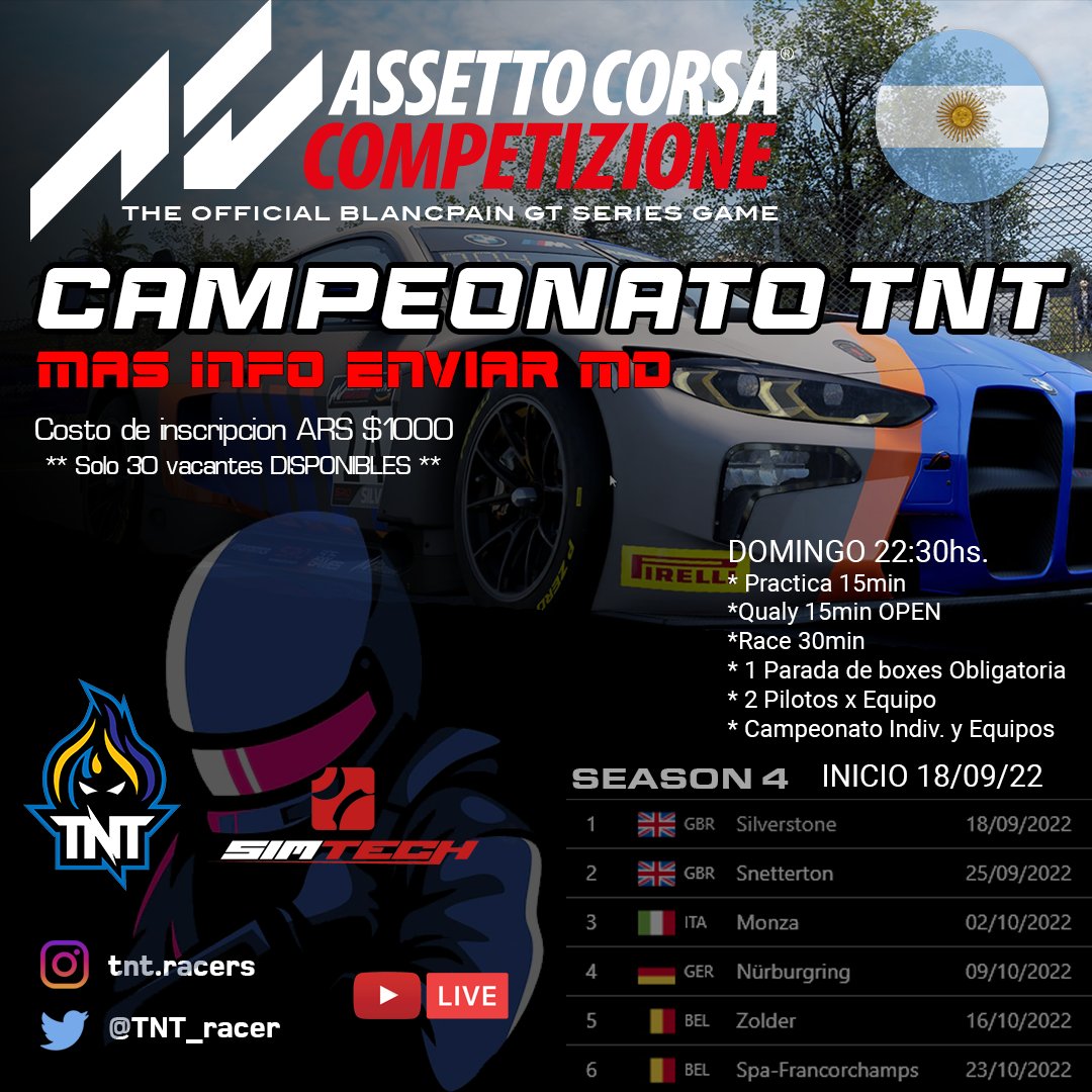 TNT Racers - Season 4

Inscripción: forms.gle/ibvwTiys2M13we…

Discord: discord.gg/mpUbpav7zF

* Días domingo 22.30hs (ARG)
* Campeonato individual y de equipos
* 1 parada en boxes obligatoria

Quedan solo 9 lugares para ocupar, el campeonato empieza el 18/9

consulta MD