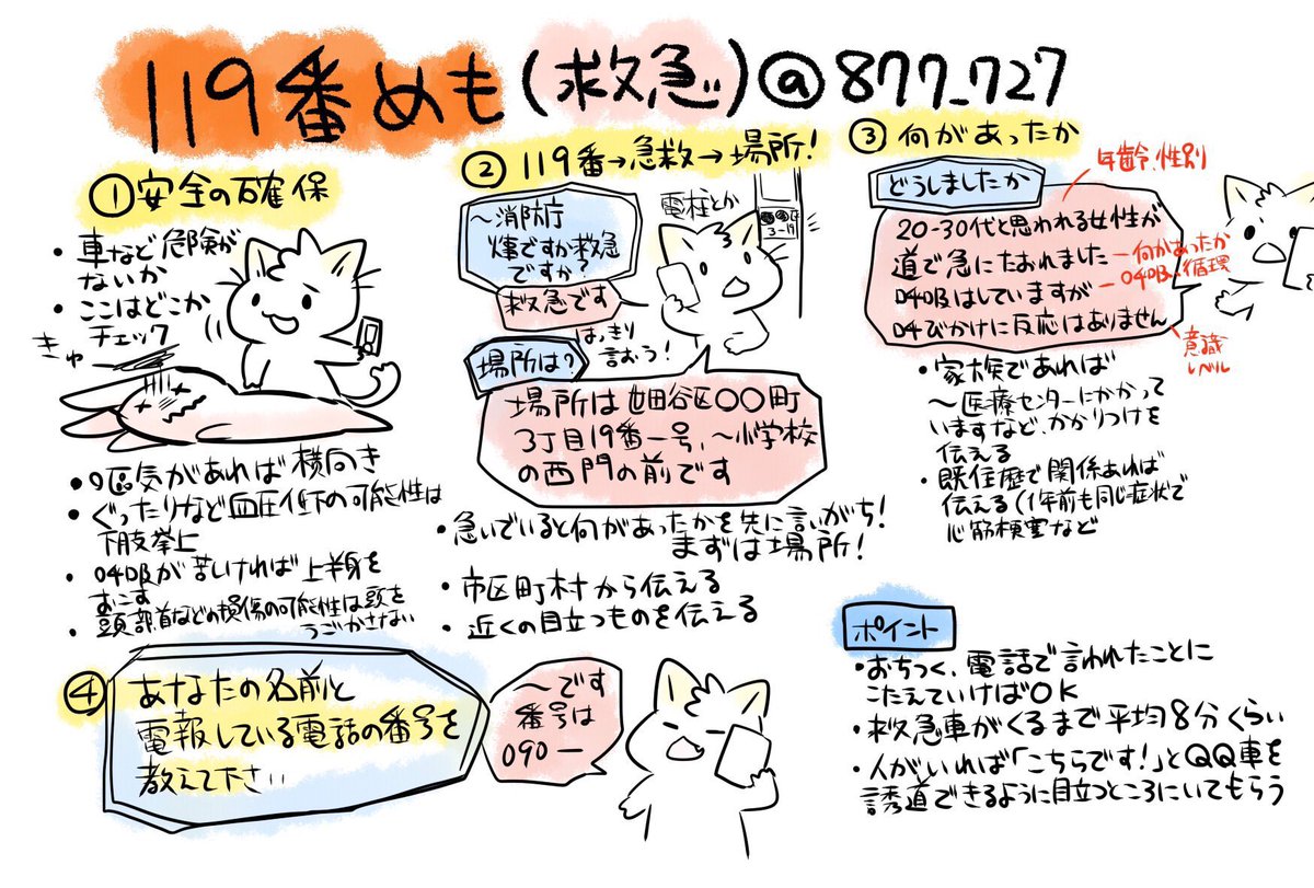 【119番(救急要請)の方法めも】
今日は #救急の日🚑今一度こちらの119番に加えAEDや心臓マッサージについてもチェックしてみてください💪
慌てていると症状を始めに言いがちなのですが救急車が向かうため場所から伝えます。オペレーターが質問していくので落ち着いて話を聞くのがポイント。