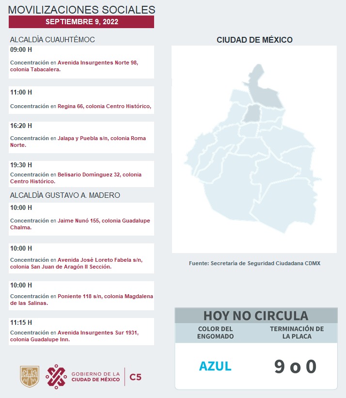 C5_CDMX's tweet photo. ⚠️#TómaloEnCuenta📢Estas son las movilizaciones sociales previstas para este día en la CDMX.

#MovilidadCDMX 
🎥#C5ConConfianza https://t.co/ozyuFYl0hT