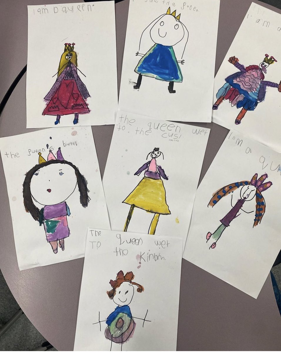 gende75's tweet photo. We have been learning about the ee digraph in Pre Primary. Yesterday we finished our sentences and paintings about the Queen. What a poignant moment in time today when I came into school to take their pictures off the drying rack. 💕👑🕊 https://t.co/Pl2IFAJqQ3