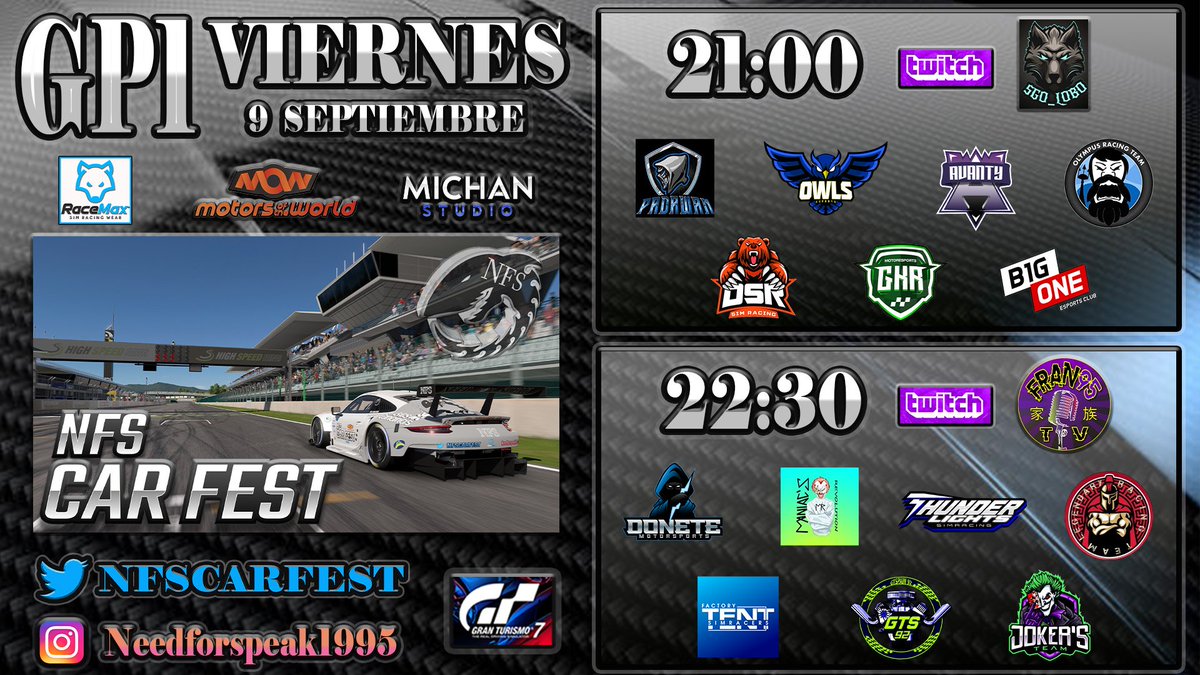 🔥 ¡ES EL MOMENTO! 🔥

📌GP1, High Speed Ring.

⏰21:00⏰
🎙️ <a href="/Tururu233/">LOBO23 THE GOAT</a> y <a href="/casiamg/">La Tusa Dice</a>
🎥 twitch.tv/sgo_lobo?sr=a

⏰22:30⏰
🎙️ <a href="/elmurodeboxes/">Fran95 (DAS) | ElMuroDeBoxes</a> y <a href="/NeedForSpeak1/">NeedForSpeak</a>
🎥twitch.tv/fran95simracin…

<a href="/MotorsWorld/">mow.club</a>
<a href="/RaceMax2/">RaceMax</a>
<a href="/MichanStudio/">Michan Studio</a>

#NFSCARFEST