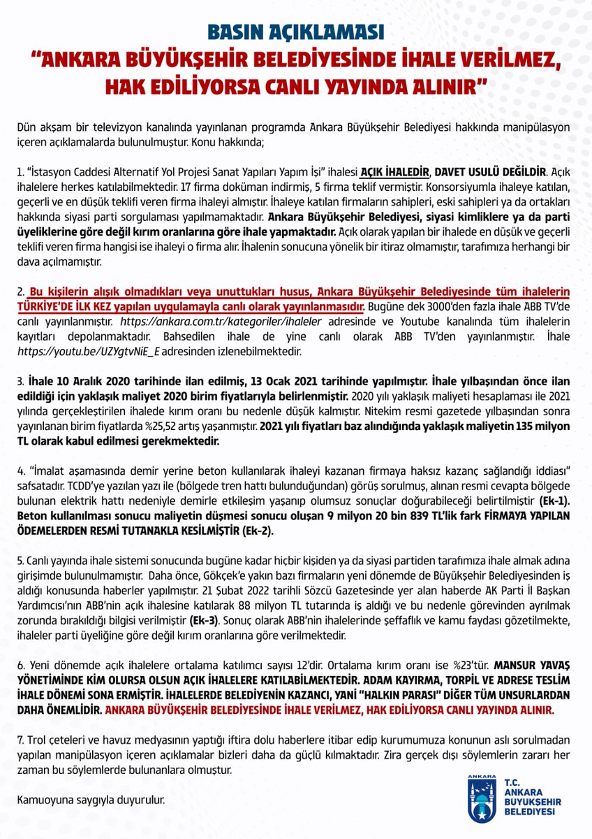 ankarabbld's tweet photo. BASIN AÇIKLAMASI: “ANKARA BÜYÜKŞEHİR BELEDİYESİNDE İHALE VERİLMEZ, HAK EDİLİYORSA CANLI YAYINDA ALINIR”
🔗 https://t.co/pLbwUfjHvj https://t.co/rMn7093ZYN