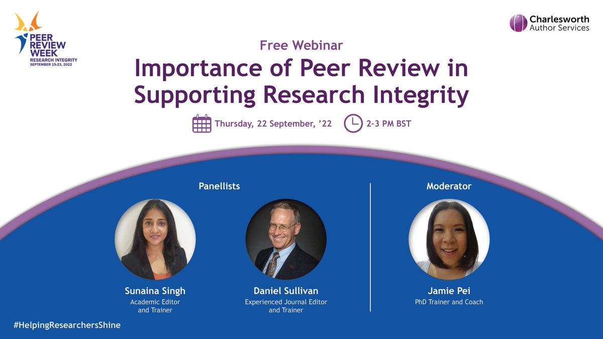 CWGAuthors's tweet image. Our #PeerReviewWeek 2022 webinar is coming up. Sign up now!

👉 ow.ly/LBaV50KEveE

#HelpingResearchersShine🌟 #ResearcherEducation #PeerReview #ECRchat #PhDchat #MCRchat #AcademicTwitter @sue9a @verymessyjamie @PeerRevWeek