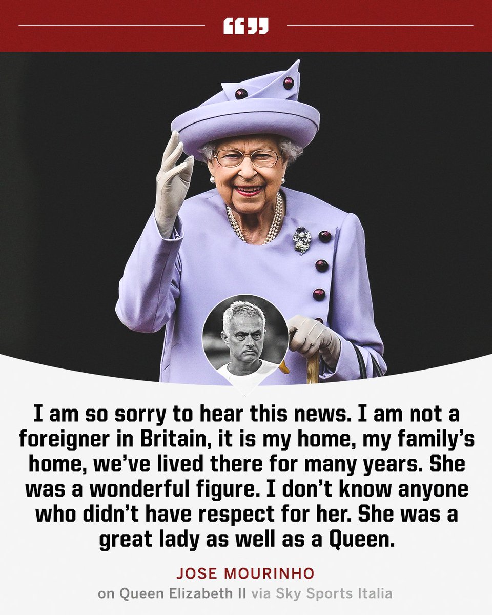 ESPNFC's tweet photo. Jose Mourinho paid a heartfelt tribute to the late Queen Elizabeth II following Roma's Europa League match last night. https://t.co/by09BEZttB