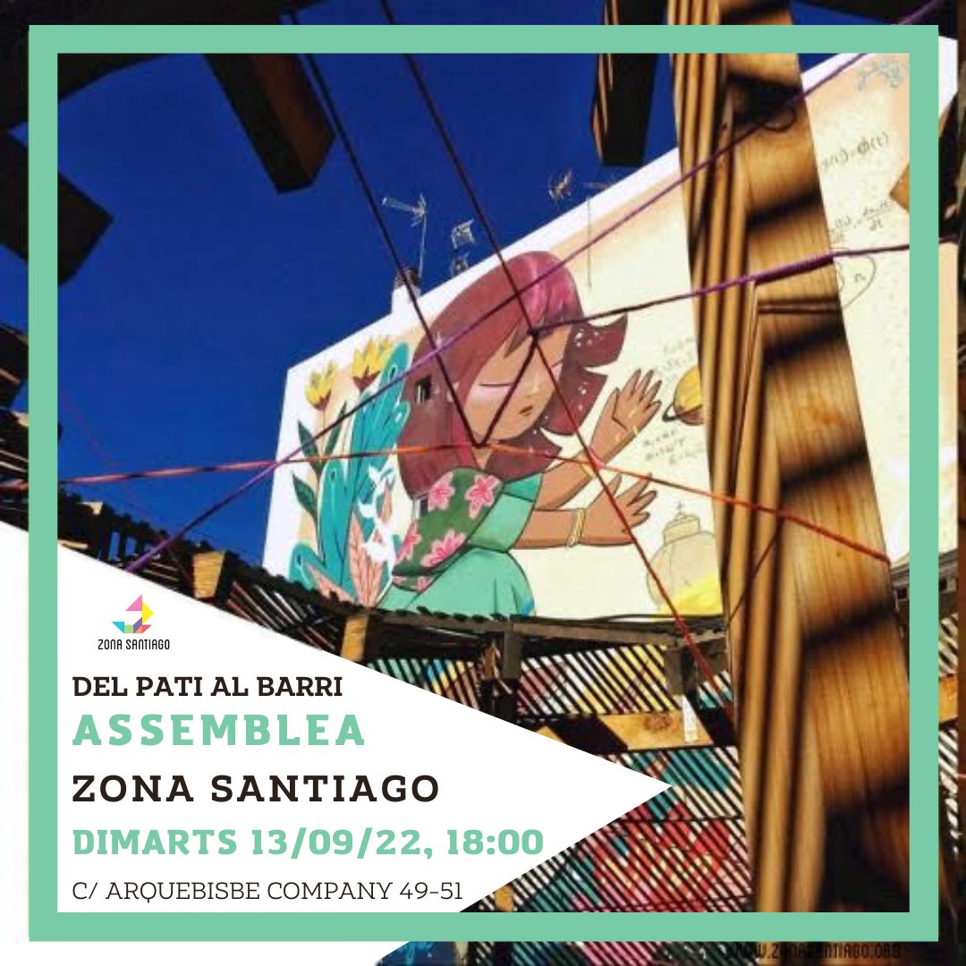 📢 ASAMBLEA
🗓️ 13/09/2022
🕕 18:00h
📍 Zona Santiago

🗣️ El próximo martes 13 de Septiembre a las 18:00h tendrá lugar en la #ZonaSantiago ✨ la primera asamblea después de las vacaciones de verano 🍂
Os invitamos a venir y compartir vuestras opiniones!
#DelPatiAlBarri #Cabanyal
