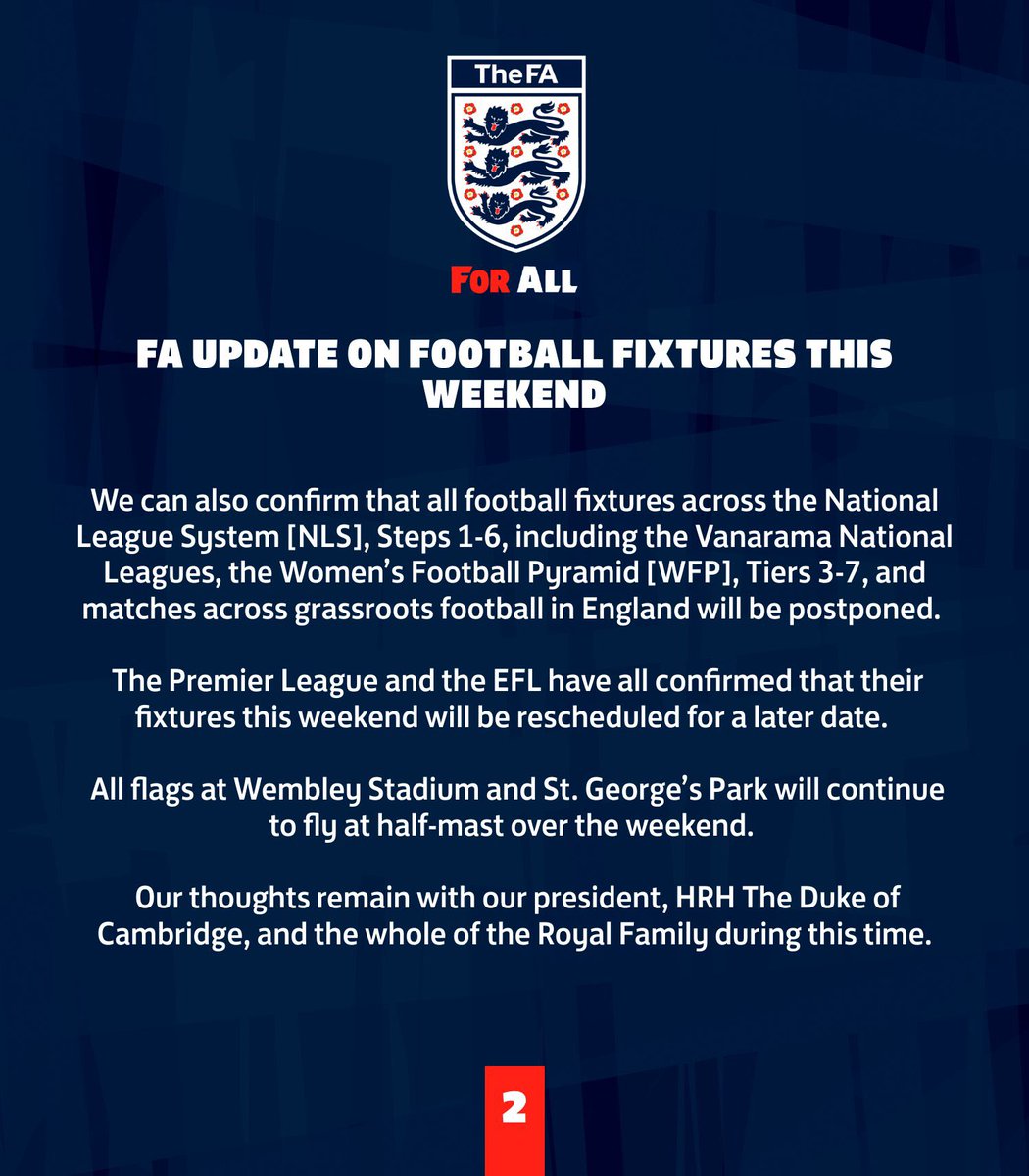 As a mark of respect to Her Majesty Queen Elizabeth II, English football has united to postpone all football fixtures this weekend 👇