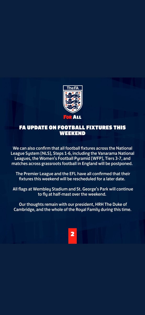 Following on from my previous tweet, the FA have now made the decision to cancel all football this weekend.