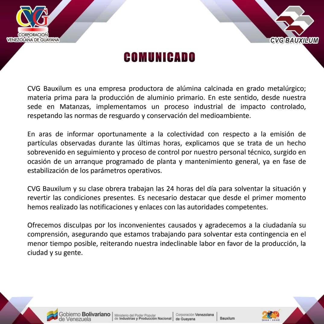 Sr. <a href="/TarekWiliamSaab/">Tarek William Saab</a>  <a href="/MinpublicoVEN/">Ministerio Público venezolano</a> desde hace más de 72 horas la empresa Bauxilúm lanza libremente al aire óxido de aluminio (polvillo blanco) altamente contaminante y dañino para la salud. Ante la alarma de la comunidad su respuesta ha sido un infeliz comunicado que nada dice