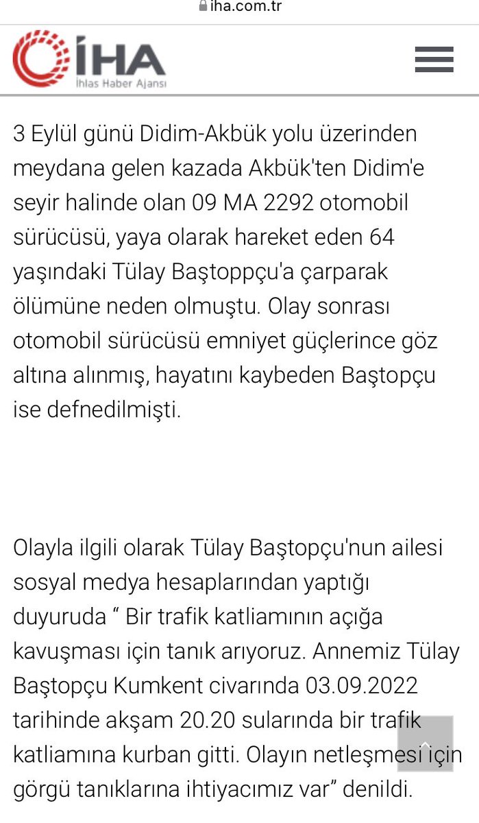 Trafik kazasında hayatını yitiren Tülay Baştopçu’nun ailesinin adalet ve görgü tanığı arayışı devam ediyor. Destekleriniz çok değerli.
<a href="/ismailsaymaz/">İsmail Saymaz</a> <a href="/alimuratirat/">Ali Murat İrat</a> @FOXhaber <a href="/Haberturk/">Habertürk</a> <a href="/muglahabercomtr/">Muğla Haber Gazetesi</a> <a href="/DidimHaberleri/">didim haberleri</a> @DidimBelediye
