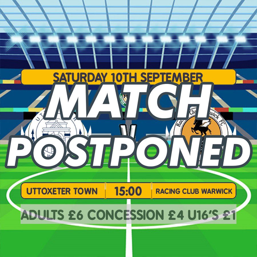 The FA &amp; <a href="/MidlandLeague/">Capelli Sport Midland Football League</a> : "As a mark of respect to Her Majesty Queen Elizabeth II, English football has united to postpone all football fixtures this weekend".

Therefore our fixture 10/09/22 KO15-00 <a href="/UttoxeterTownFC/">Uttoxeter Town FC</a>  vs <a href="/RacingClubFC/">RacingClubWarwick FC</a> is POSTPONED