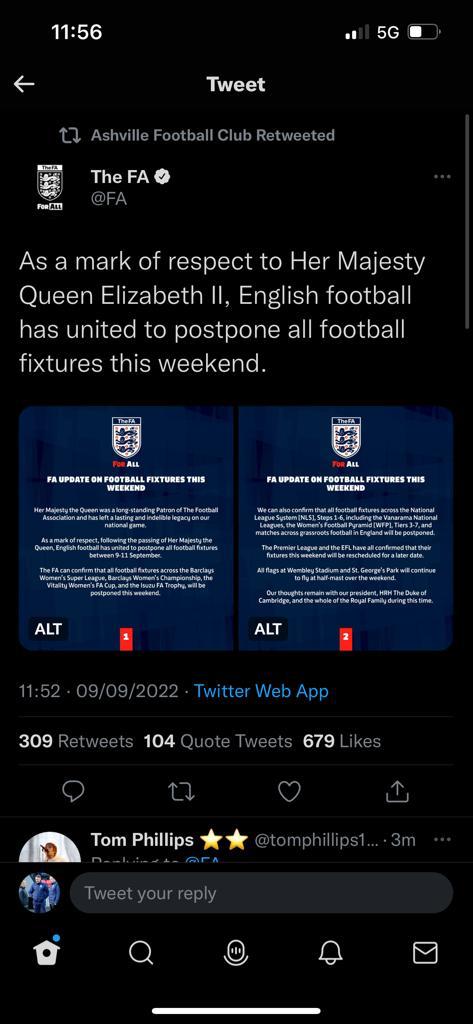 Confirmation that all grassroots football fixtures are postponed this weekend 9th - 11th September,as a mark of respect to Her Majesty.