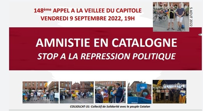 🗓Ce soir, vendredi 9 septembre 
⏰À 19h
📍Place du Capitole,  #Toulouse 
➕ℹfb.me/e/2BRU0h16B

<a href="/assemblea_int/">Assemblea International</a>
<a href="/ANC_Occitanie/">ANC Occitània 🎗️</a>  #Catalogne #Diada2022

@amisdiplotlse <a href="/EELVToulouse/">EELV Toulouse</a> <a href="/LDHtoulouse/">LDH Toulouse</a> <a href="/amnestyfrance/">amnestyfrance</a> <a href="/intCDR/">International CDRs</a> <a href="/cdrparis/">CDR Paris 🎗️</a> <a href="/colsolcat06/">Collectif 06 de solidarité avec le peuple catalan</a> <a href="/Colsolcat83/">Collectif 83 de solidarité avec le peuple catalan</a> <a href="/LyonSolidCat/">Lyon SolidarieCat</a> <a href="/Mpl_Cat/">Solidarité CATALOGNE Collectif de Montpellier</a>