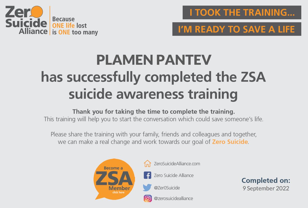 I am extremely happy to share that I have completed the course and would encourage everyone to do so! 

Learn how to help others by using the link: zerosuicidealliance.com/suicide-awaren…

#helpothers #mentalhealthawareness #support
