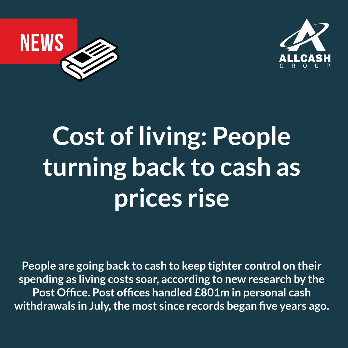 AllCashTech's tweet photo. COST OF LIVING: PEOPLE TURNING BACK TO CASH AS PRICES RISE
People are going back to cash to keep tighter control on their spending as living costs soar, according to new research by the Post Office in the UK. 
https://t.co/ZkAz4LdaO5 https://t.co/b7LXWAhdmg