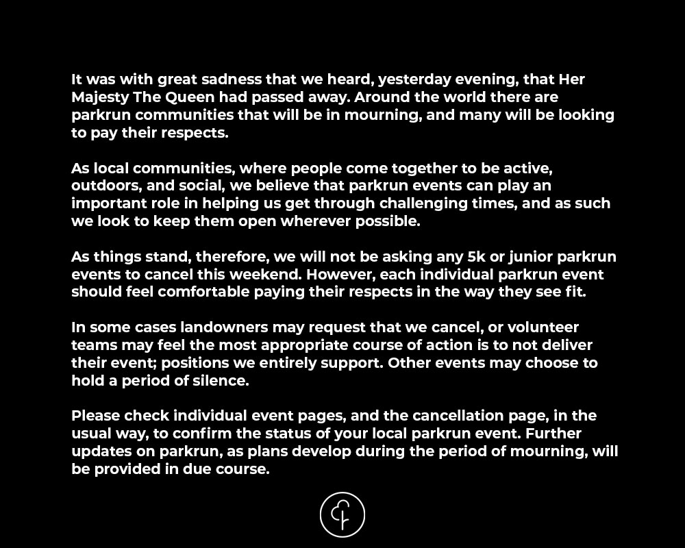 It was with great sadness that we heard, yesterday evening, that Her Majesty The Queen had passed away. Around the world there are parkrun communities that will be in mourning, and many will be looking to pay their respects. 

Read on our website 👉 parkrun.me/klb9o