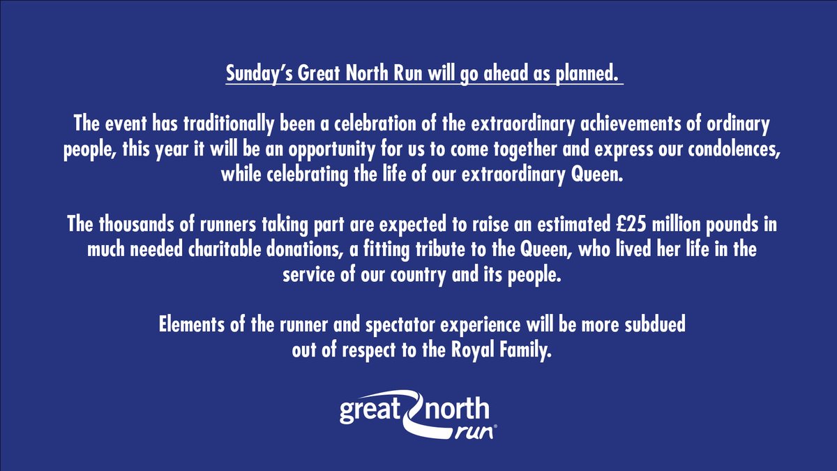 Sunday’s #GreatNorthRun will go ahead as planned.

Whilst we want runners to enjoy the day, we encourage everyone to be mindful of the very special circumstances in which the event will be taking place.