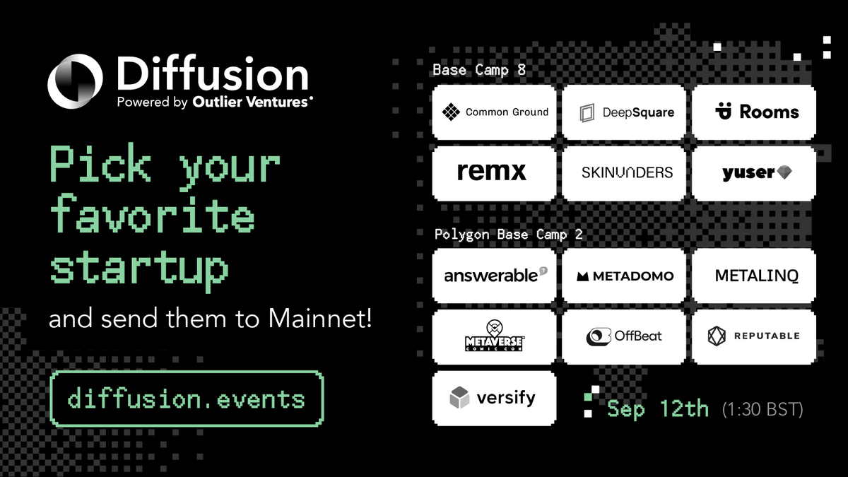 oviohq's tweet photo. 📊Which of your favourite Base Camp grads are you sending to #Mainnet2022?

➡️Reply "@oviohq I vote for @(tag team) #Diffusion2022 + fave emoji" 

The top 4 teams win a ticket to Mainnet &amp; exclusive booth time!

⏰Voting closes 13 Sep @ 14:00 BST. https://t.co/x2vamcLFRs