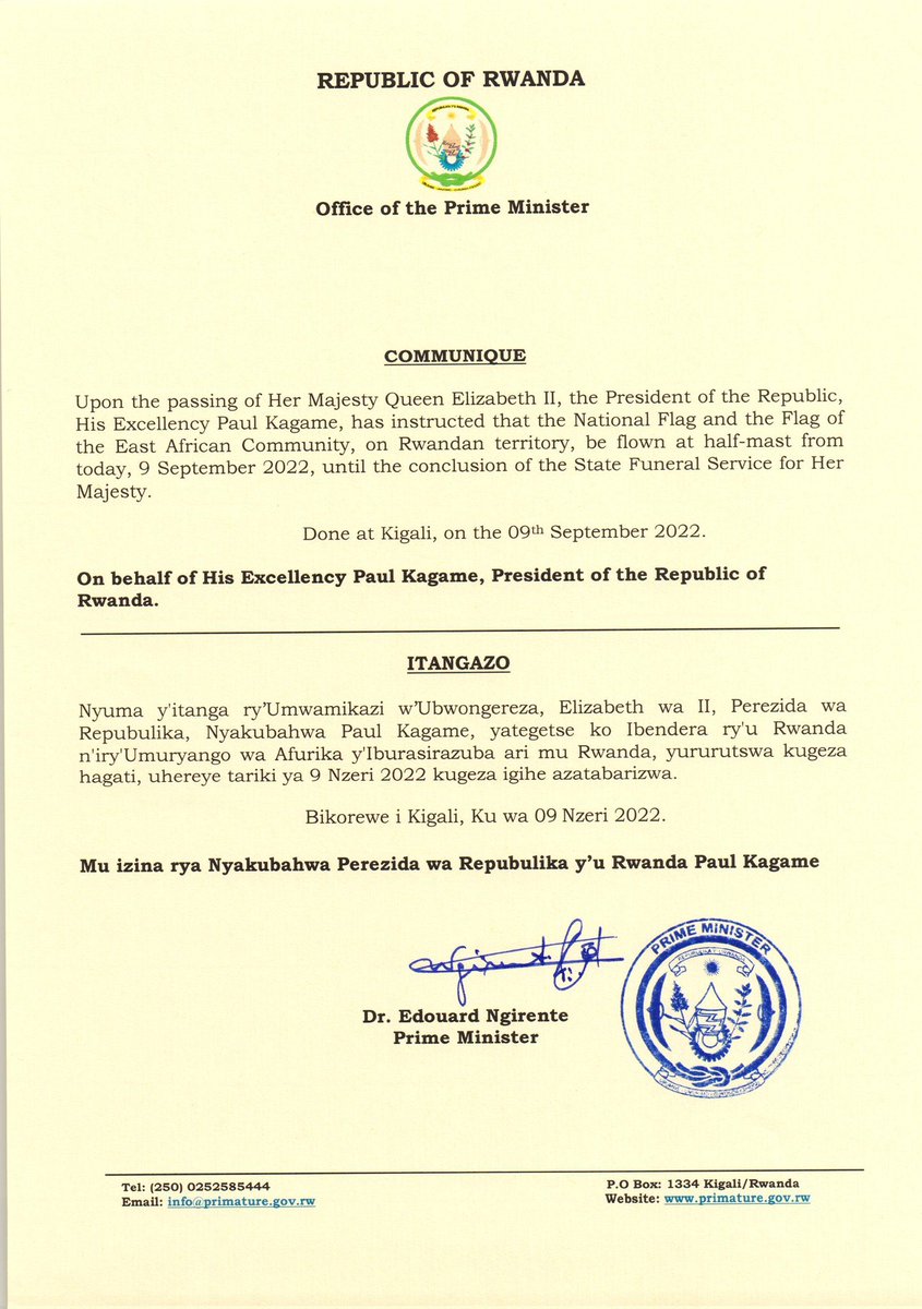 As we predicted yesterday, Rwandan flag will fly half-mast as of today. 

No public holiday announced. 
#QueenElizabeth