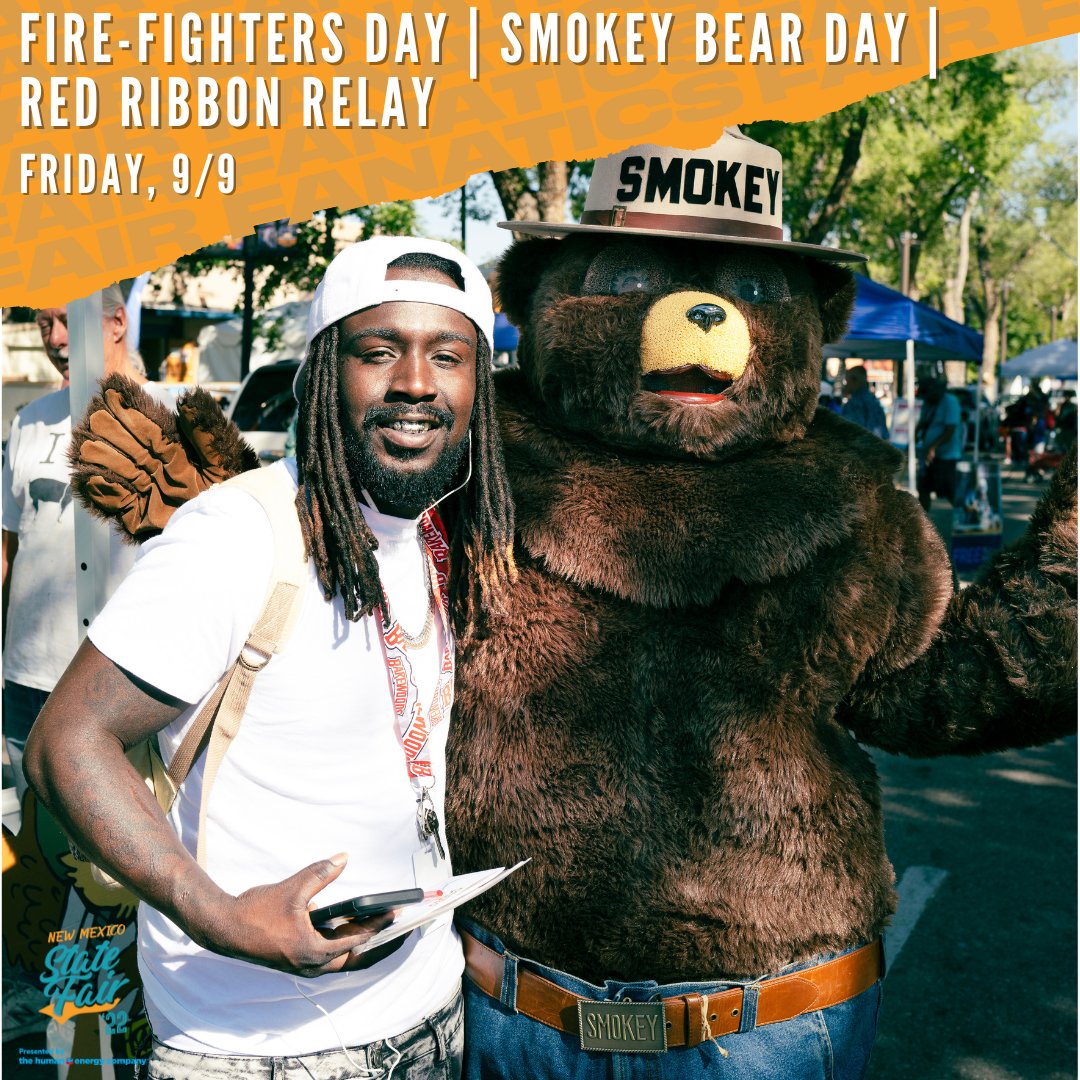 NMStateFair's tweet image. Today, Friday, Sept. 9, is Firefighters Day, Smokey Bear Day, &amp;amp; Red Ribbon Relay. Firefighters, first responders, teachers, &amp;amp; school employees get in free! To get an overview of today's events, see the following link or download our app. statefair.exponm.com/events