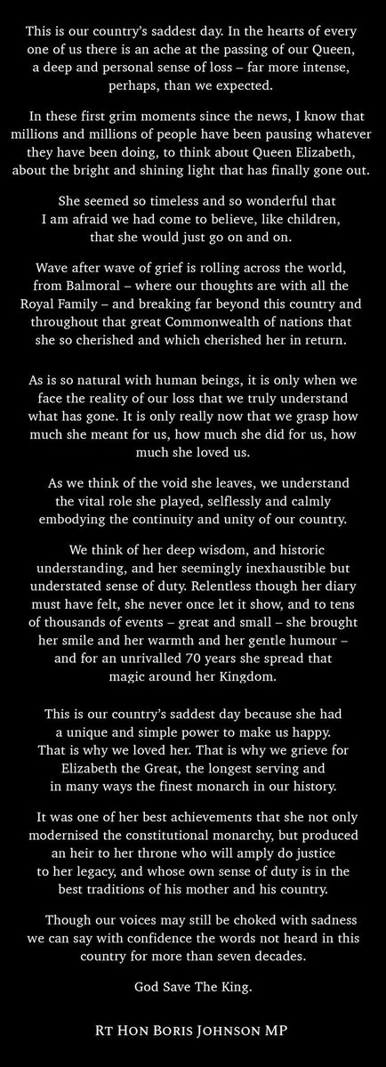 FrankPyle12's tweet photo. Whatever you think of Boris, the man has a stunning way with words and his tribute to #QueenElizabethII is the most fitting, and is a tribute that resonates with all of us
#RIPQueenElizabeth11
#RIPQueenElisabeth
#ripQueenLizzy
#RIPLilibet
#GodSaveTheQueen https://t.co/HLCiAOFDec