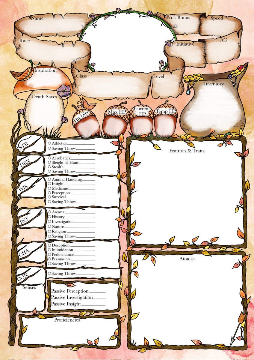 Alderdoodle's tweet photo. ✨Friday Freebie✨ Cosy season is upon us so have a pretty one page character sheet to go with your d&amp;d one shots! I've included a version with no text as well so (hopefully) you can use it for other systems too ☺️🍂
#dnd #ttrpg https://t.co/uHEwjBXkcX