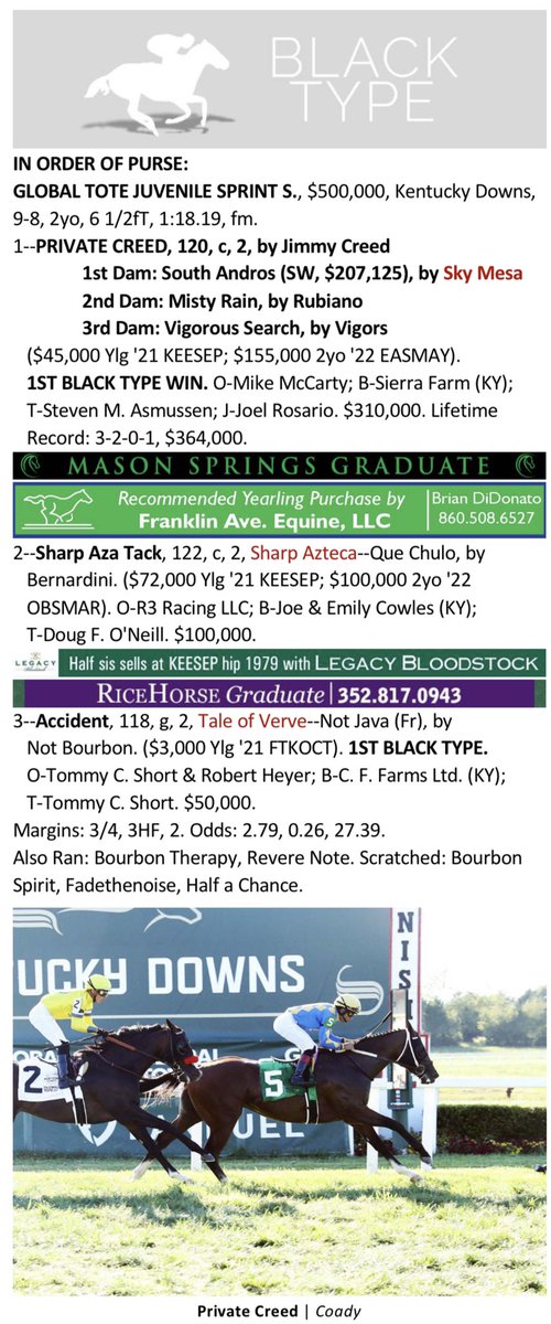 BDiDonatoRacing's tweet photo. Wish we still owned him, but proud to have had a hand in selecting Global Tote Juvenile S. winner Private Creed at KEESEP. Most of the credit goes to @MasonSprings and Team Asmussen for developing him into what he’s become. Cool horse. Now to go find some more like him. https://t.co/5LEeyzSRyj
