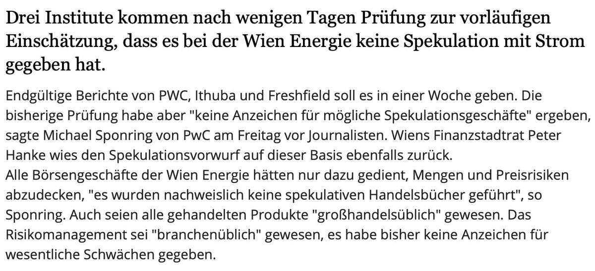 Hi5_Phil's tweet image. Soviel dazu. 3 Finanzinstitute haben nach Überprüfungen bisher keine Anzeichen für Spekulation bei #WienEnergie gefunden. Keine Schwächen im Risikomanagement. Spekulation war übrigens für 2 Tage ein Trendwort auf Austrotwitter. Ich gratuliere der #MessageControl
