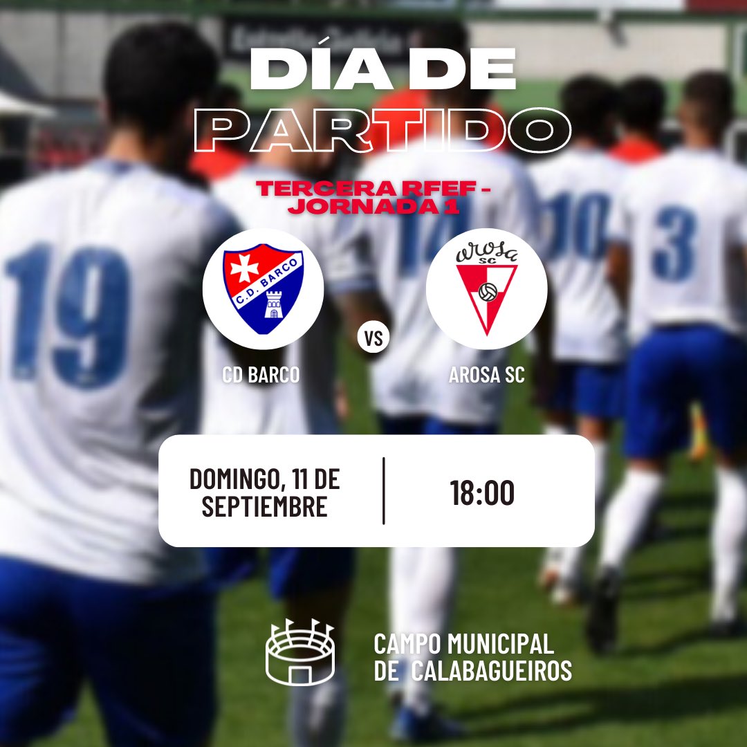 𝗙𝗶𝗻 𝗱𝗮 𝗲𝘀𝗽𝗲𝗿𝗮! Despois de moitos meses de traballo, este domingo empeza a competición en Terceira RFEF: 

🆚 <a href="/CDBarco/">𝐂𝐞𝐧𝐭𝐫𝐨 𝐝𝐞 𝐃𝐞𝐩𝐨𝐫𝐭𝐞𝐬 𝐁𝐚𝐫𝐜𝐨</a>
📅 Domingo, 11 de setembro
🕕 18:00
🏟 Campo Municipal de Calabagueiros

❤️🤍 Nova tempada, novos retos, mesma ilusión 

#XuntosVoltaremos #ForzaArosa