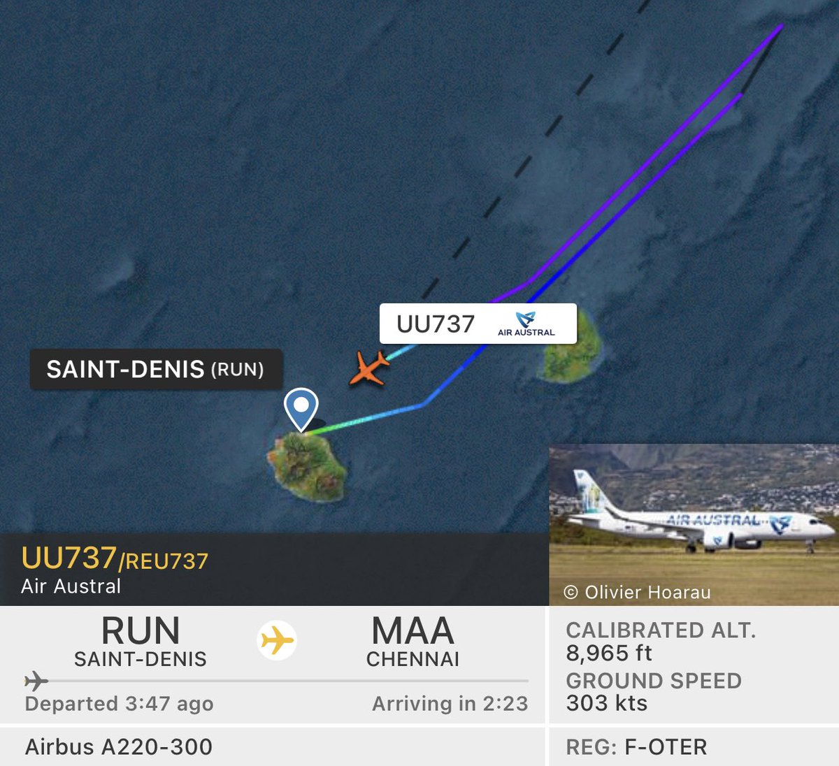 aerowanderer's tweet photo. After 4 hours in the air after its departure to Chennai @airaustraloff A220-300 reg F-OTER is returning to St Denis (Reunion). The aircraft was operating as UU737. Reason unknown
#aerowanderer #AirAustral #A220 #FOTER #UU737 #Chennai #Reunion #aviation #avgeek #planespotting https://t.co/ZNUJCQ61Kh