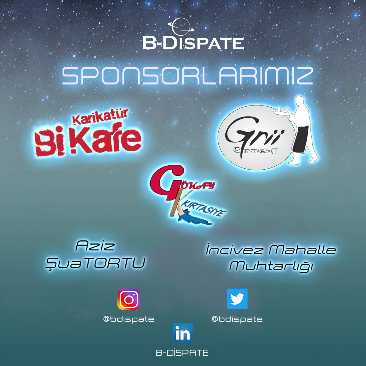 Teknofest 2022 yarışma sürecimiz boyunca yanımızda olan ve desteklerini esirgemeyen sponsorlarımız Karikatür Bi Kafe, Grii Restaurant, Gökay Kırtasiye, Aziz Şua TORTU, İncivez Mahalle Muhtarlığı'na teşekkür ederiz. #zonguldak #bdispate #bülentecevitüniversitesi #teknofest2022