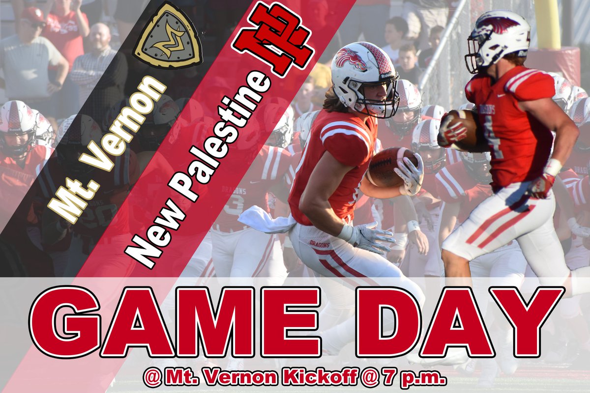 It's Dragon football GAMEDAY. Tonight, we travel to Fortville for the Boundary Rail Game.

🐉🆚 <a href="/mvmarauders/">Mt. Vernon Athletics</a>
📍 Mt. Vernon HS
🕖 7 p.m.
🎟️ $6, cash at door or online at bit.ly/3RubbzB 
📻 NewPalRadio.com
🗞️ newpalestineathletics.com/Article/2353