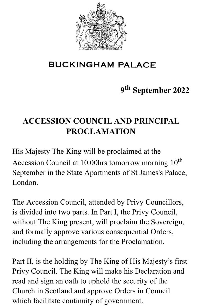Charles will be formally proclaimed King Charles III at 10am GMT tomorrow after giving his first speech as Britain’s new monarch today at 6pm GMT