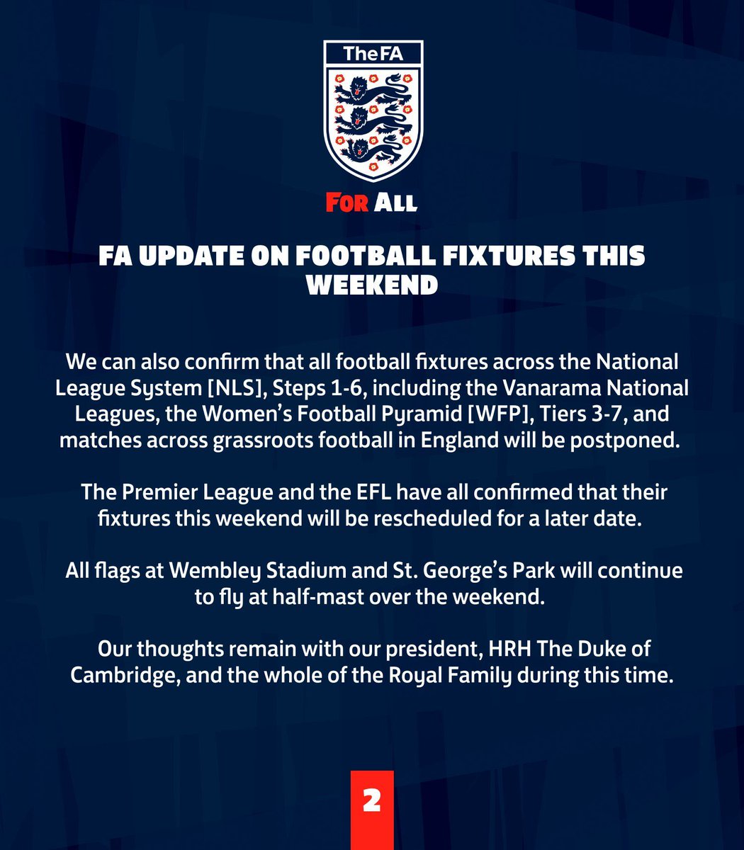 As a mark of respect to Her Majesty Queen Elizabeth II, English football has united to postpone all football fixtures this weekend.