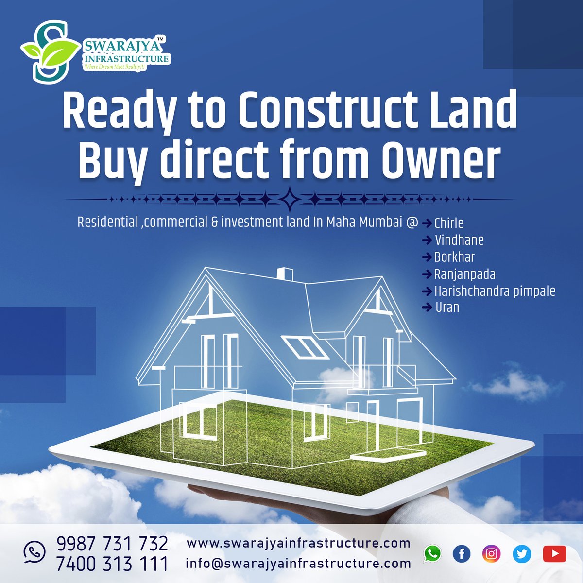 SWARAJYAINFRAS2's tweet photo. - Choose & Book your favorite plot and fulfill your dream.
- In Maha Mumbai @ Chirle, Vindhane, Borkhar,
Ranjanpada, Harishchandra pimpale, Uran
Visit our office for your Dream Plot
Contact: 9987731732/ 7400313111
https://t.co/pMfCcAl8Au
#investmentproperty #Chirle #vindhane https://t.co/GpCdUbYpD8