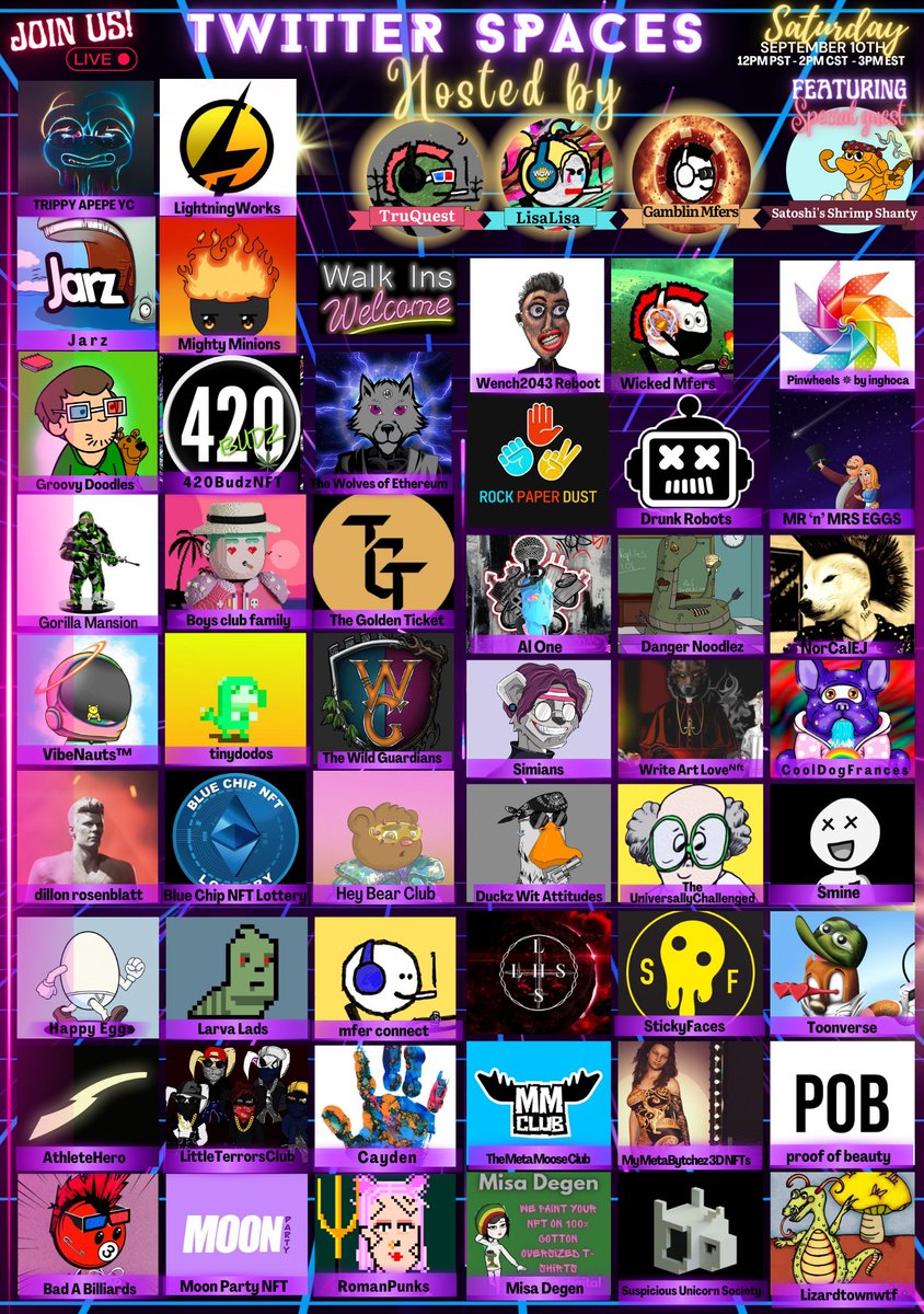 Communicate &amp; Elevate in Space ~ 9/10
Even More Awesome ALPHA Added 
<a href="/TruQuest_69/">𝐓𝐫𝐮</a> <a href="/Wicked_Mfers/">Wicked Mfers</a>  <a href="/LightningWorks7/">LightningWorks⚡️Comics, Manga & Tech</a> @Misa_Degen <a href="/Moon_Party_NFT/">Moon Party</a> <a href="/WriteArtLove/">Write Art Loveᴺᶠᵗ</a> 
<a href="/LittleTerror678/">TheDuckfather</a> @LilTerrorsClub <a href="/effren_trejo/">FATHEROFTWINZZ⚡️</a> <a href="/cryptowar80/">SamuelG</a> <a href="/pinwheelinghoca/">3D Pinwheels by inghoca</a> 
Set Your Reminder 👇
x.com/i/spaces/1MYxN…