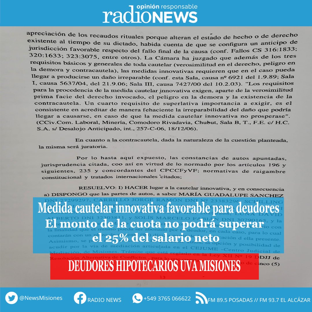 newsmisiones's tweet photo. #UltimoMomento Medida cautelar innovativa favorable, para deudores hipotecarios UVA en Misiones.
👉El monto de la cuota no podrá superar el 25% del salario neto
👉Es un fallo judicial histórico para los deudores misioneros,superando a otras medidas judiciales en el resto del país https://t.co/4moji57sCP