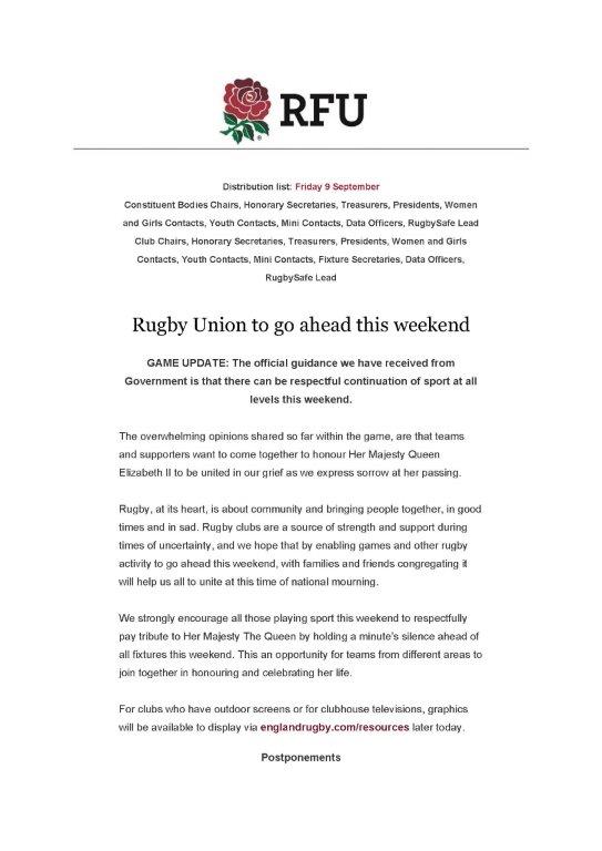 📜 Rugby Union to go ahead this weekend  1of2