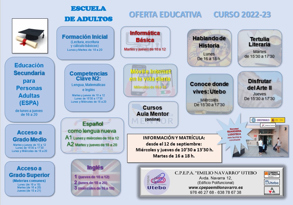 aulutebo's tweet photo. Nuevo horario de Información y Matrícula a partir del lunes 12:
Martes de 16 a 18 h.
Miércoles y Jueves de 10'30 a 13'30 h.
@EPAAragon @AytoUtebo @cpepautebo @EmpleoUtebo @YoUtebo https://t.co/ynT7g0hFSq