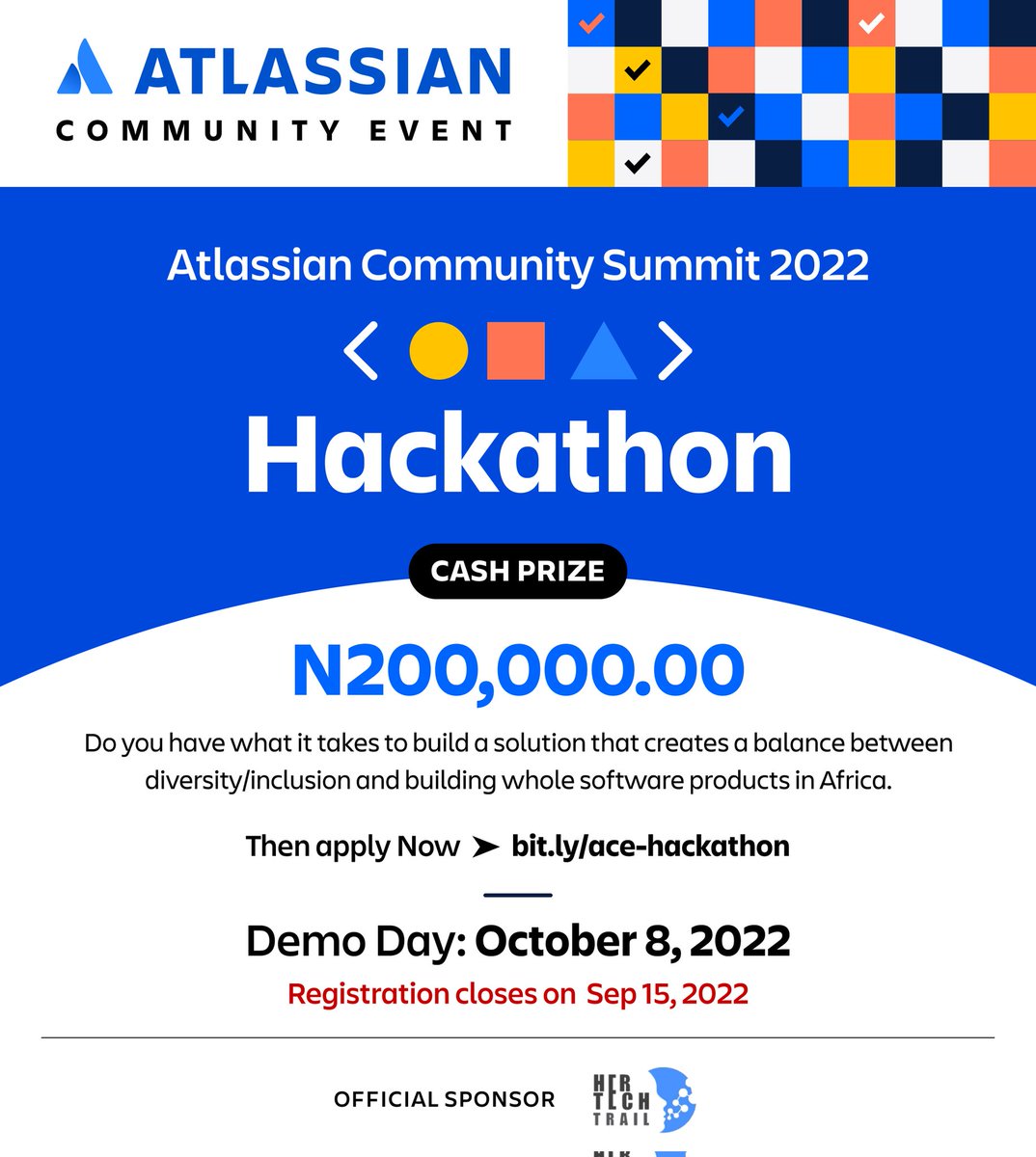 hertechtrail's tweet photo. Stand a chance to WIN N200,000 in the Atlassian Community Event.

HerTechTrail is the official sponsor for @atlassian_ph community summit 2022.

P.S: Ladies are advised to pair up with guys and vice versa

Link to apply: https://t.co/f2TdS2k52t

#Atlassianphsummit2022 https://t.co/KOCFCgPrZc