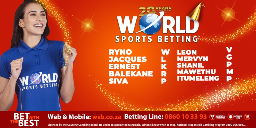 WorldSportsBet's tweet photo. And the winners are ๐ฅ๐บ
Huge congratulations to our 20 x R5000 Birthday winners ๐
Thanks again to everyone that helped World Sports Betting celebrate our 20th Birthday ๐
#WinWithWSB #WSB20 https://t.co/NgKGhzgIRH